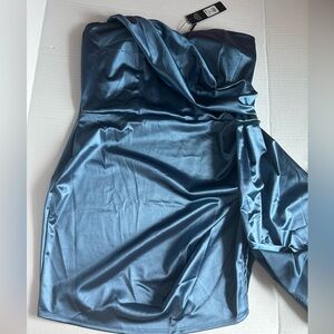 Fashion Nova Blue Ruched Strapless Bodycon Dress